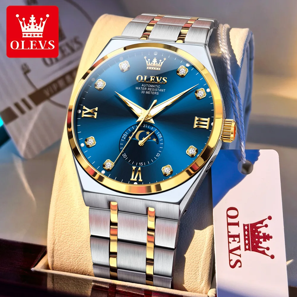 

OLEVS Мужские механические часы Роскошные оригинальные деловые автоматические часы из нержавеющей стали Водонепроницаемые светящиеся мужские часы с фазой Луны