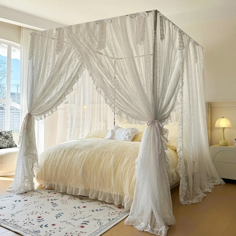 Elegant Lace Jacquard White Mosquito Net Without Bracket Retro Court Style Three Door Bed Curtain Decoration In Girls' Bedroom