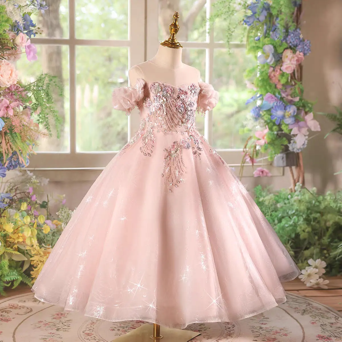 Jill Wish J608 Luxury Pink Flower Girls Princess Dress Off-shoulder Sequin Beading Long Ball Gown with 3D Flower Wedding Party