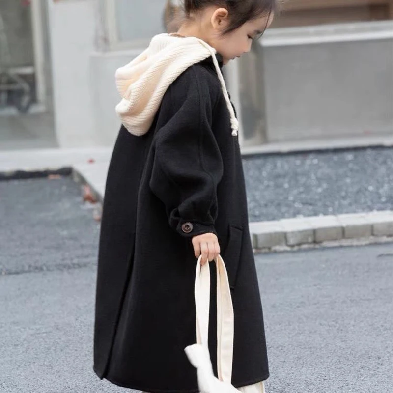 Winter New Teen Girls Woollen Overcoat Long Style Spring Hooded Single-Breasted Windbreaker For 5-14 Years Warm Fashion Jacket