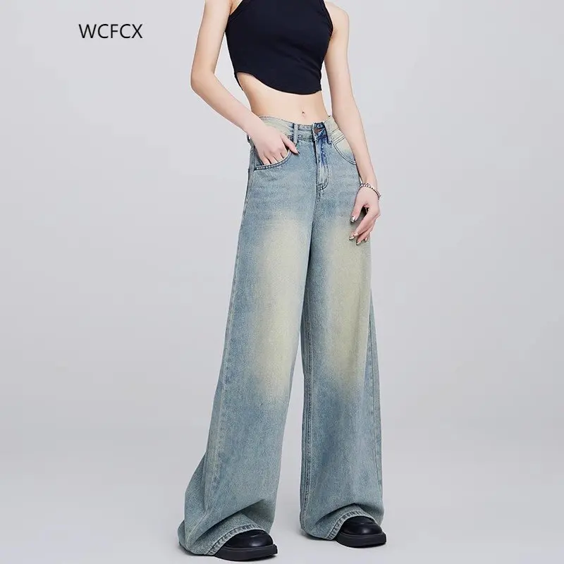 WCFCX STUDIO High Waist Jeans for Women Baggy Jeans Fashion Straight Leg Pants Y2k Denim Trousers Vintage Loose Jeans