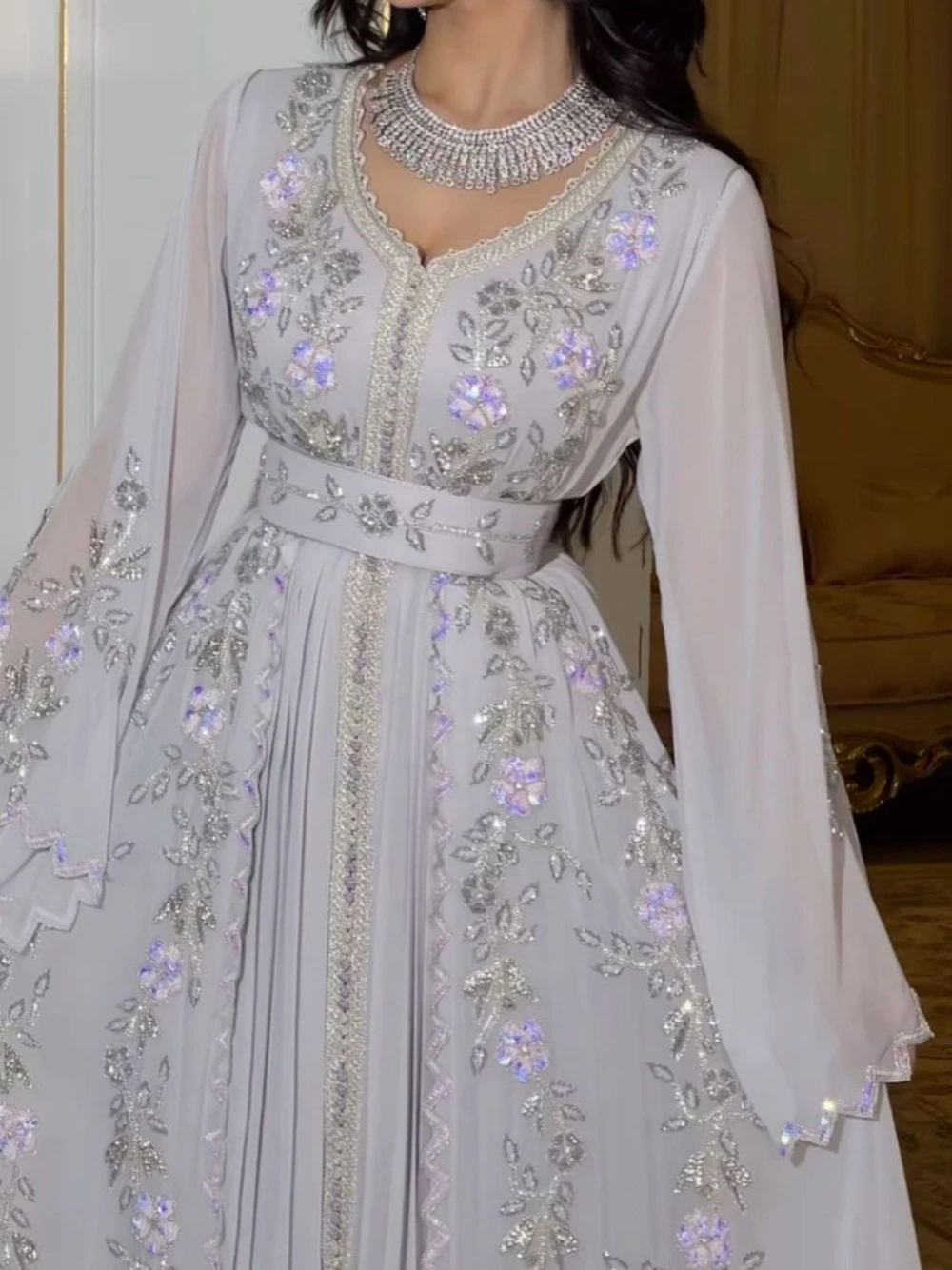 Moroccan A-line Customized Wedding Dress Party Kaftan Shiny Sequins Prom Luxury Appliques V-neck Plus Size Gown Robe De Mariée