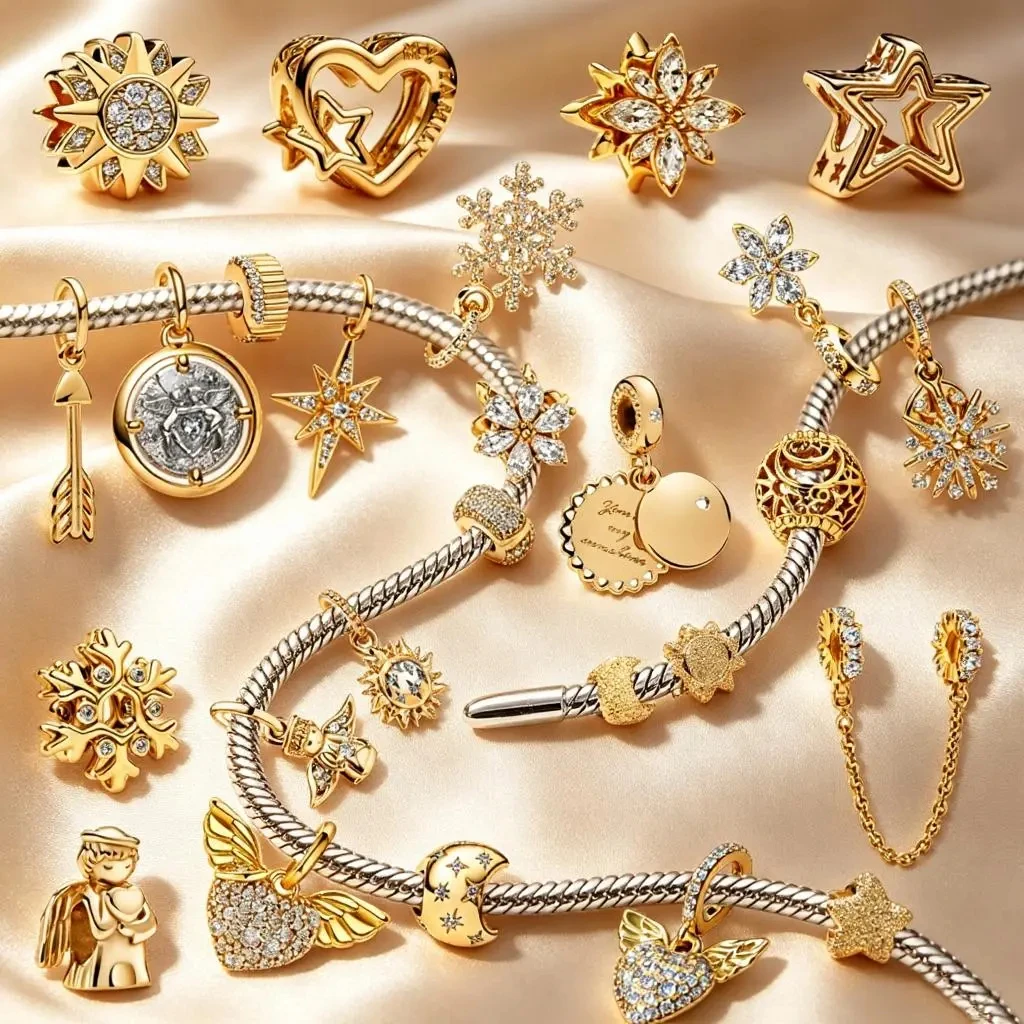 Original Charms, vergoldet, Sonne, Sterne und Mond, Schneeflocke, Amor-Engel-Perlen, passend für 925er Silberarmbänder, Zubehör, DIY-Schmuck, Geschenke