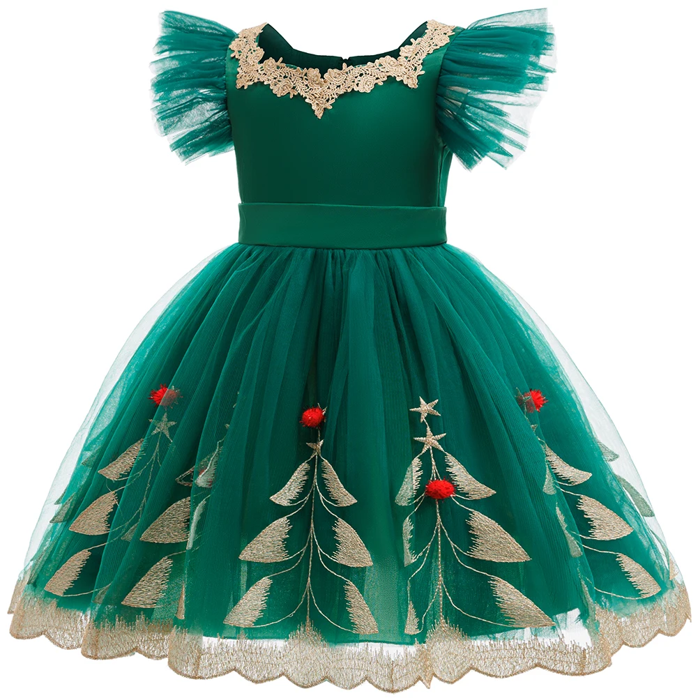 فساتين الأميرة اللطيفة لحفلات عيد الميلاد من الدانتيل على شكل زهرة للأطفال الأنيقات وحفلات أعياد الميلاد وحفلات أعياد الميلاد باللون الأخضر وعيد الميلاد المسائية