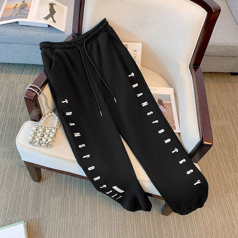 150Kg Plus Size Women\'s Hip 148 Autumn Loose Straight Leg Pants Letter Printed Casual Sports Pants Black 5XL 6XL 7XL 8XL 9XL