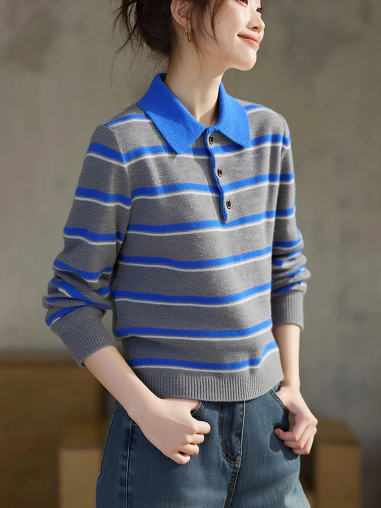 겨울 니트웨어 스웨터 브이넥 긴 소매 스트라이프 버튼업 슬림 빈티지 스타일 대학 패션 탑 젊은 여성용