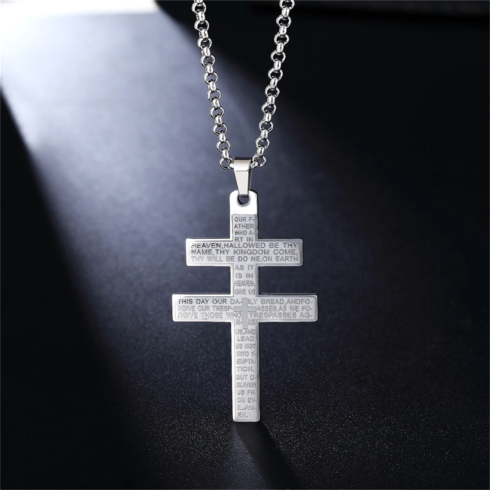 Cross of Lorraine Pendant with Lord\'s Prayer Words Bible Verse Catholic Christian Religious Stainless Steel Necklace Crux Vera