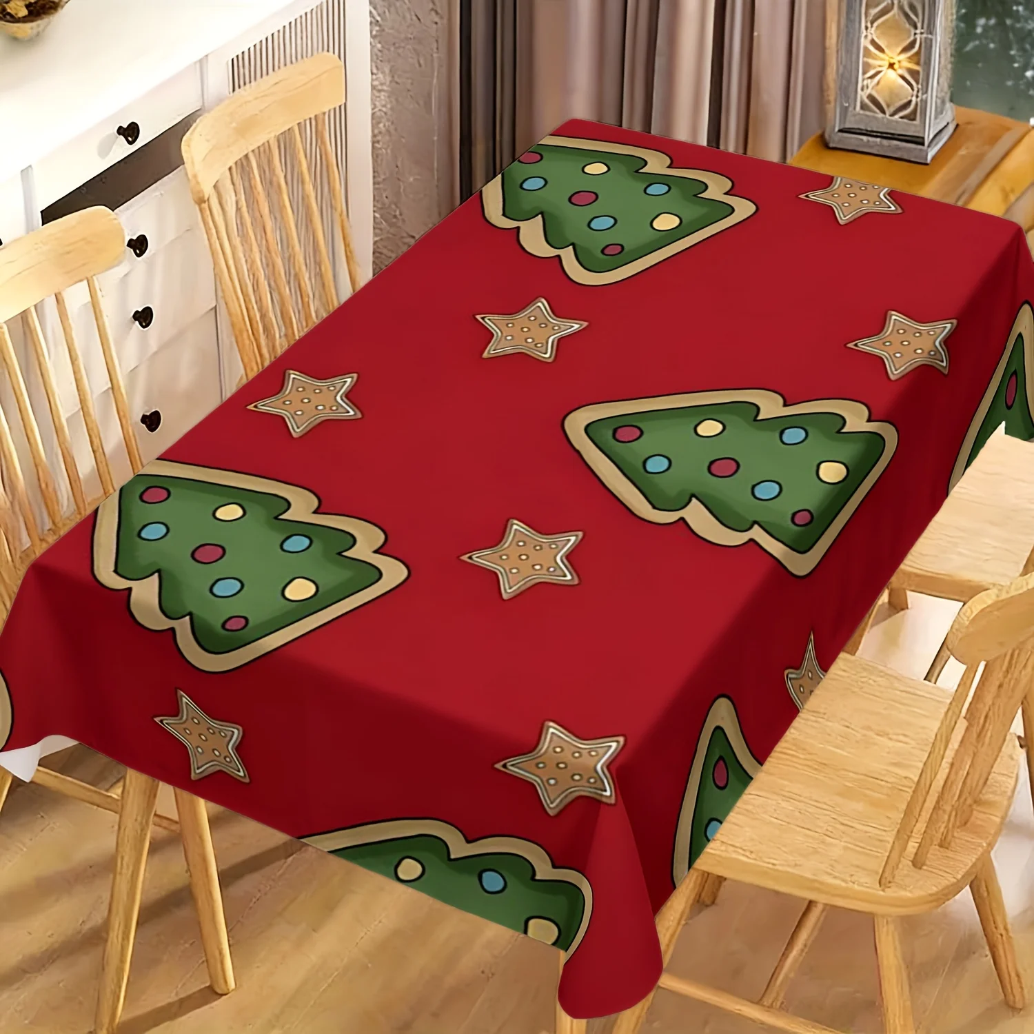 Red Christmas Tablecloth, Gingerbread Tree Star Cookie Print Rectangular Washable Table Cover for Dining Table & Xmas Holiday