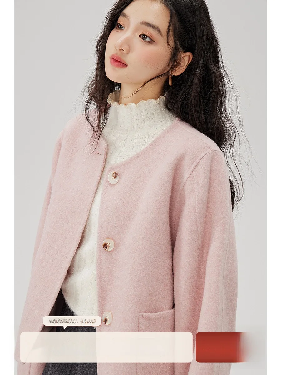 

Розовое или шерстяное пальто, женское модное корейское двустороннее шерстяное пальто на пуговицах, дизайн, прямой крой, смесь шерсти