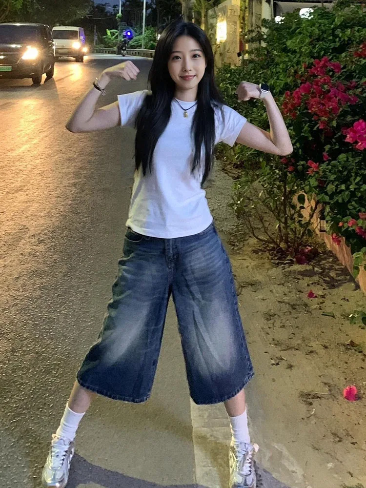 

Fuyuan Retro Washed Seven-Foot Women's Jeans Casual High Waist Wide Leg Straight Cut Summer Shorts American Style Loose Fit