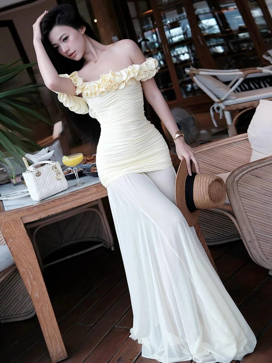 WEIRD PUSS Ele Geel Rose Jurk vrouwen Chiffon ter Dr Rok Set Franse Sle Zomer Faion Tweedelig pak