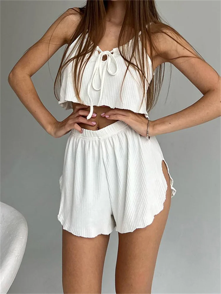 CHRONSTYLE Ribbed 2 Pieces Pajama Sets Home Sleepwear for Women Sleeveless Strap Tie-up Camis Tops with Loose Split Shorts 2025