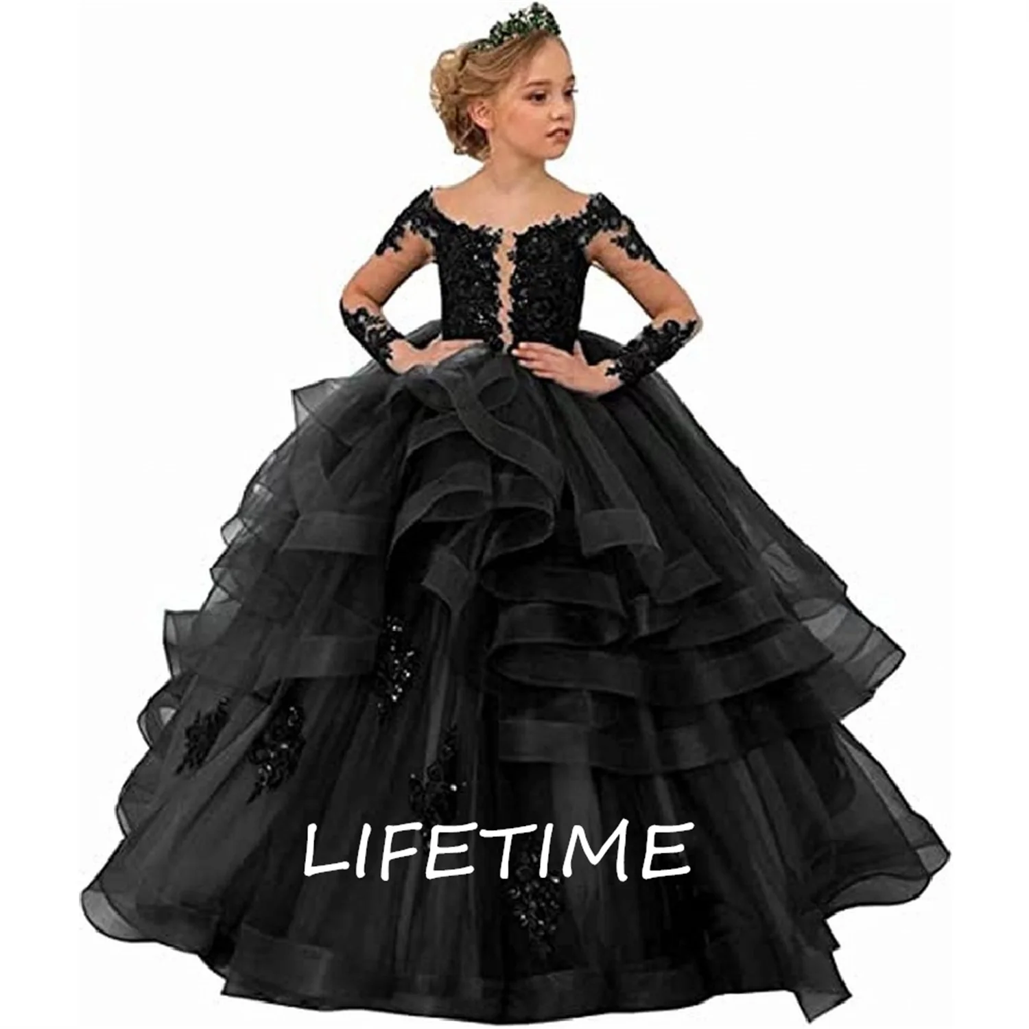 Sheer Long Sleeve Scoop Tiered Kids Black Flower Girl Dress For Wedding Sequin Lace First Communion Ruffle Tulle Princess Gown