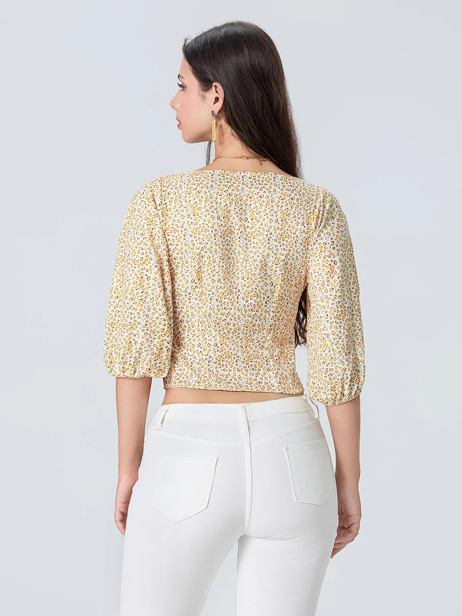 Blusa feminina de manga bolha com estampa leopardo, blusa elegante de verão, moda streetwear casual