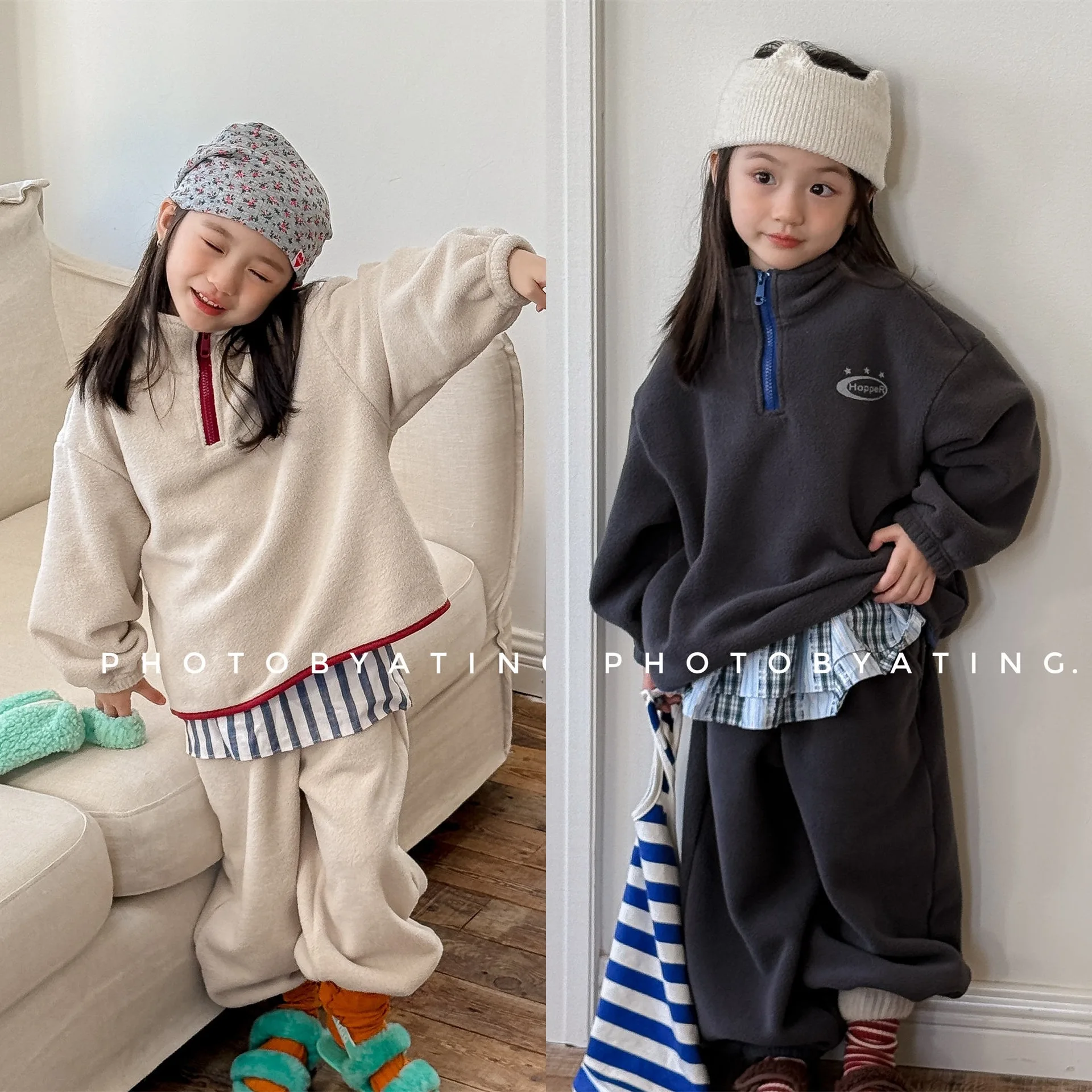Autumn Winter Kids Girl 2PCS Clothes Set Korean Fleece Zipper Sweatshirt Outfits Loose Solid Infant Babys Girls Pants Tracksuits