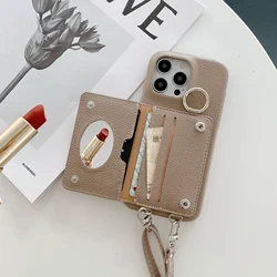Ring Holder Mirror Card Slot Case For iPhone 16E 17 Air 16 15 14 13 12 11 Pro Max Plus Crossbody Wallet Lanyard Leather Cover