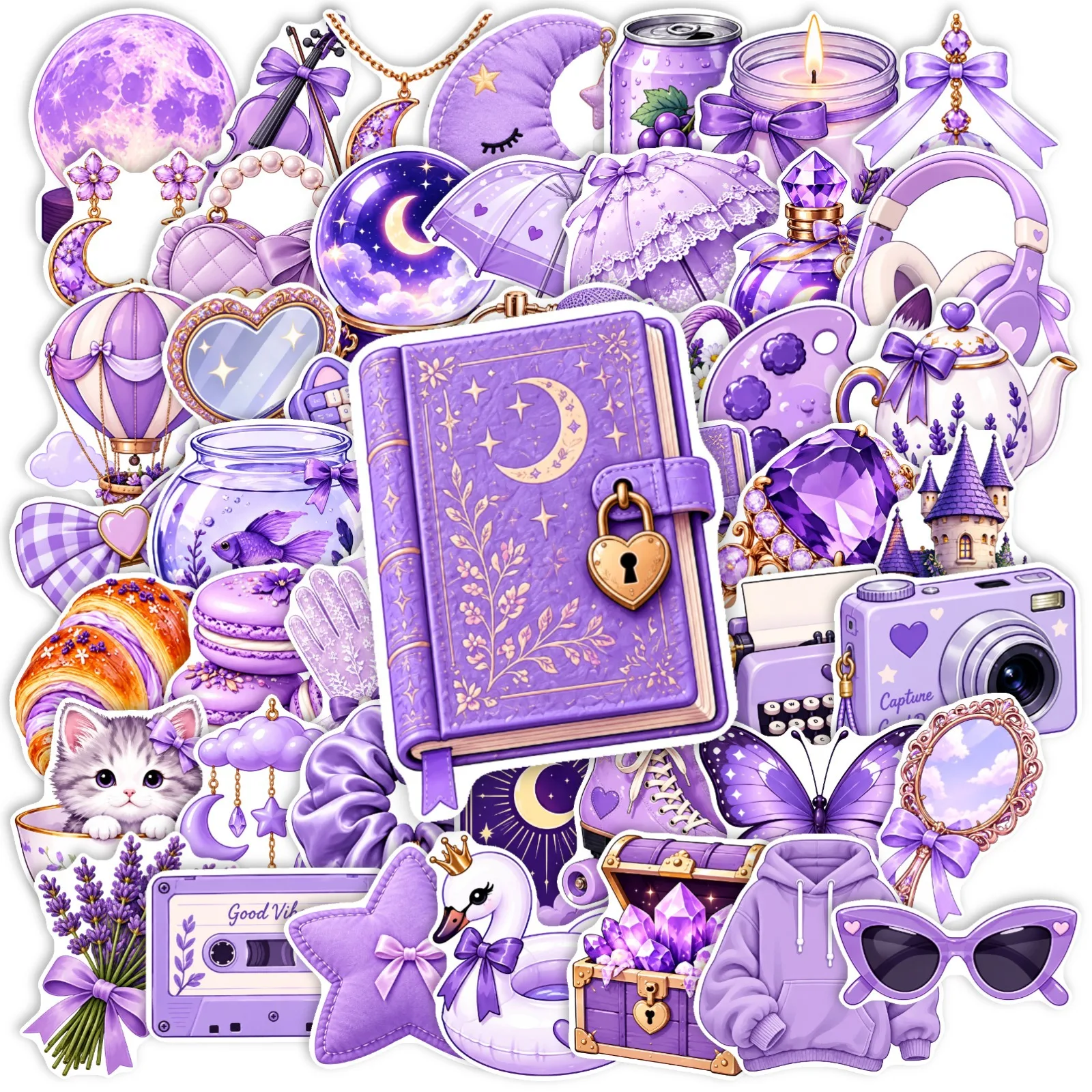 50 PCS Purple Mist Sweet Dream Dreamy Romantic Hand Account Stickers Luggage Phone Case Makeup Box Waterproof Stationery Decals