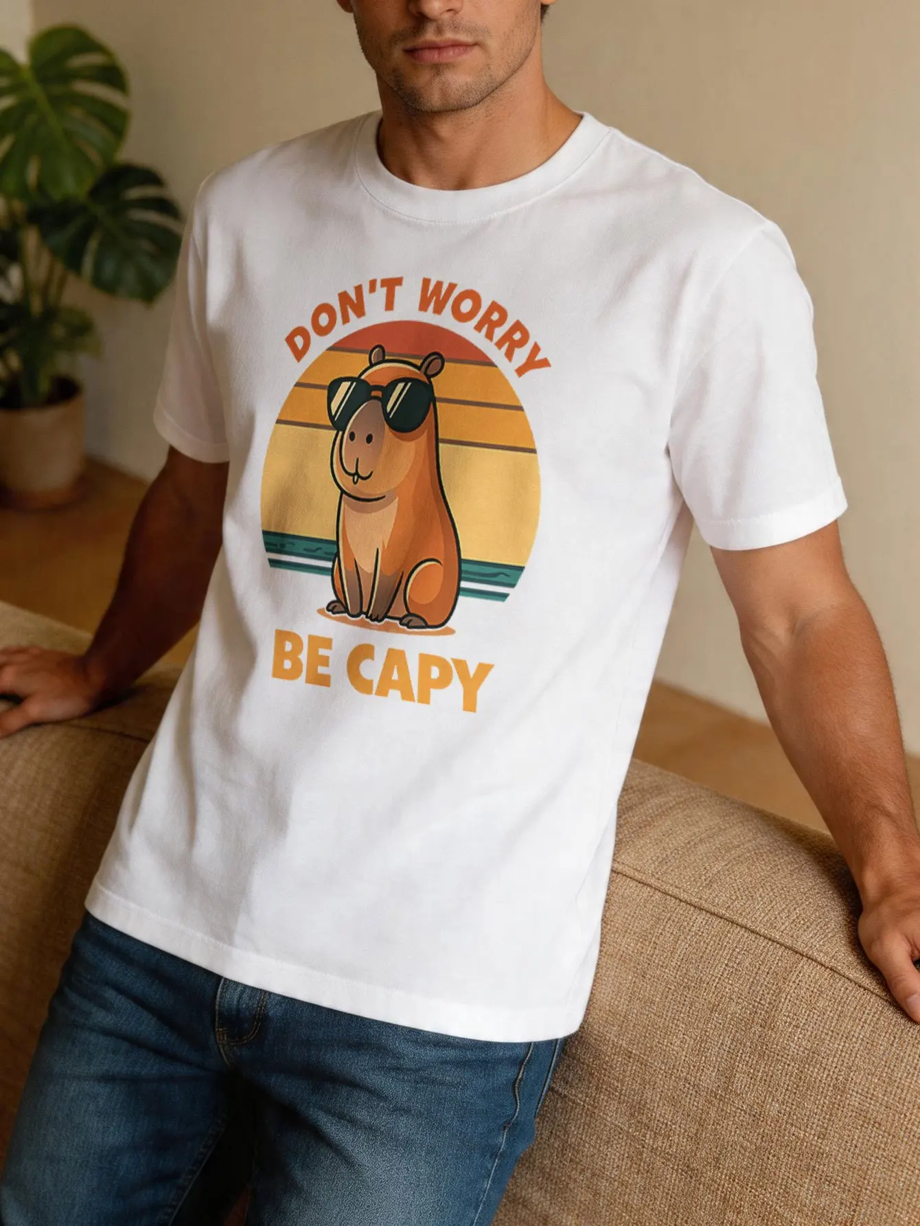 Dont Worry Be Capy Capybara Graphic Mens T Shirt Retro Sunset Animal Art Short Sleeve Crew Neck Cotton Tee Casual Top