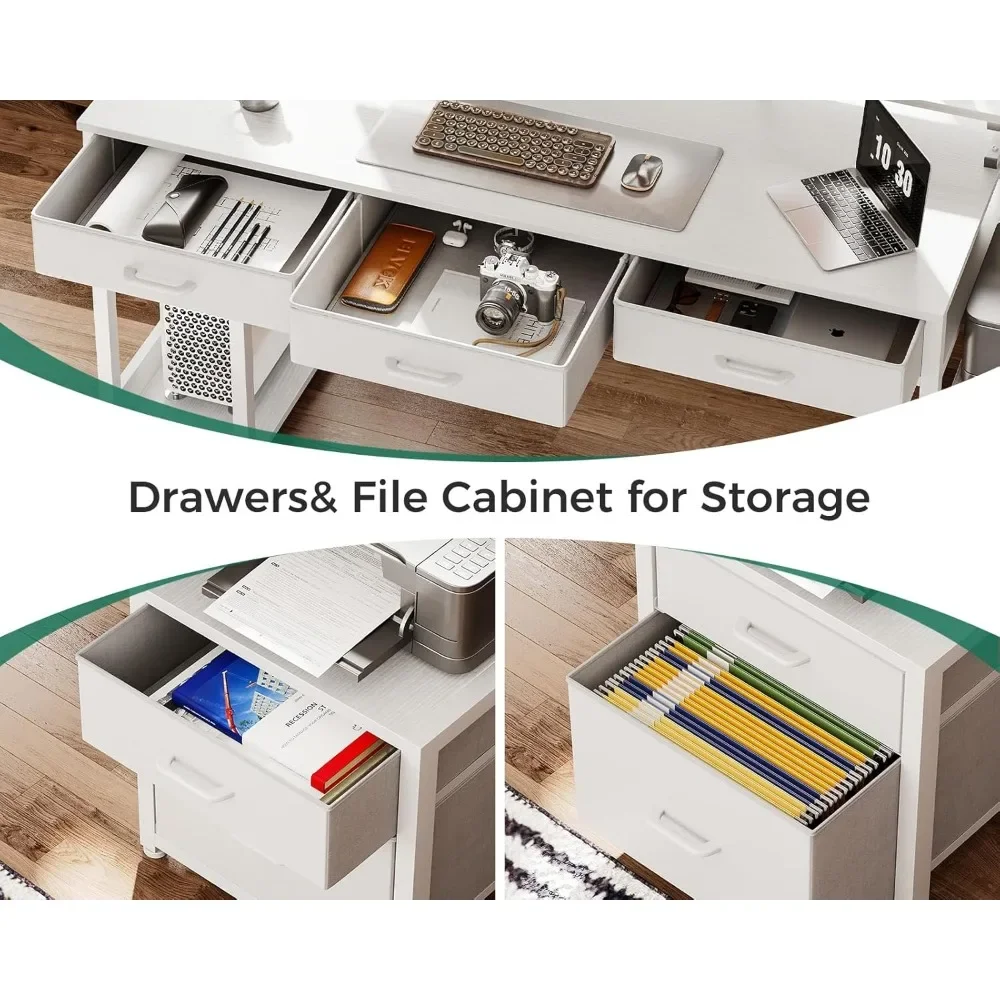 مكتب كمبيوتر مقاس 71 بوصة مع درج ملفات، مكتب مكتب قابل للعكس مع 4 أدراج ومخرج طاقة، شريط LED، مكتب مكتب منزلي مع