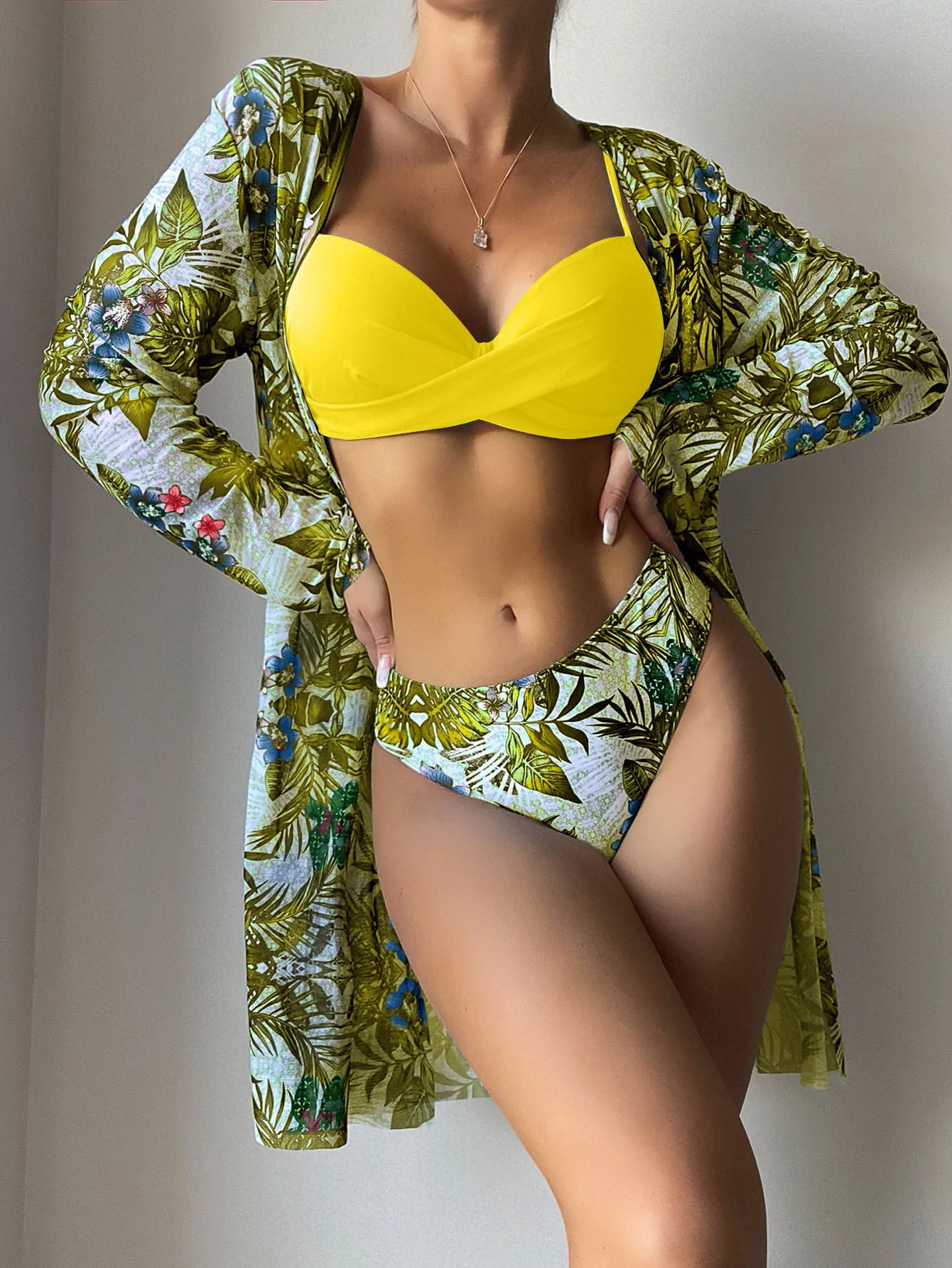 

Women's Bikinis Trend 2023 Swimsuit 3pieces Set Open Long Sleeve Robe Beach Cover Up Sexy Bra Thong Summer Leaf Print Swimwear