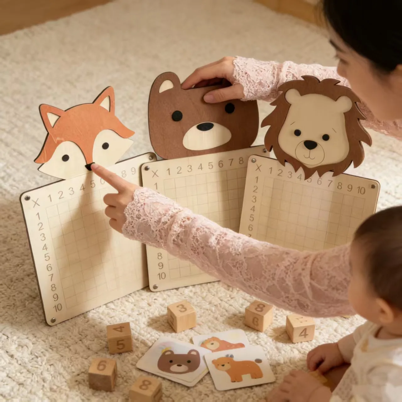 Wooden Square Math Teaching Aids Fox Lion Bear Ornament Puzzle Children's Room Decoration Baby Toys Acrylic Erasable Notebook