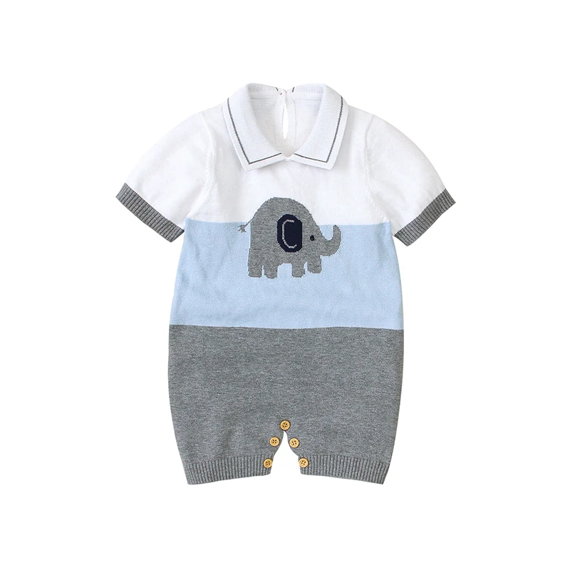 Wholesale Popular Knitted Print Doll Collar Short Sleeve Newborn Baby Girls Onesie For Summer Infant Pajamas Clothes Rompers