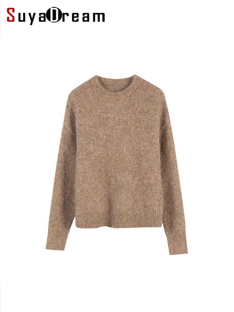 SuyaDream Warm Alpaca Pullovers for Woman, Dropped Sleeved Loose Sweaters, 2024 Fall Winter Top, Camel, Beige