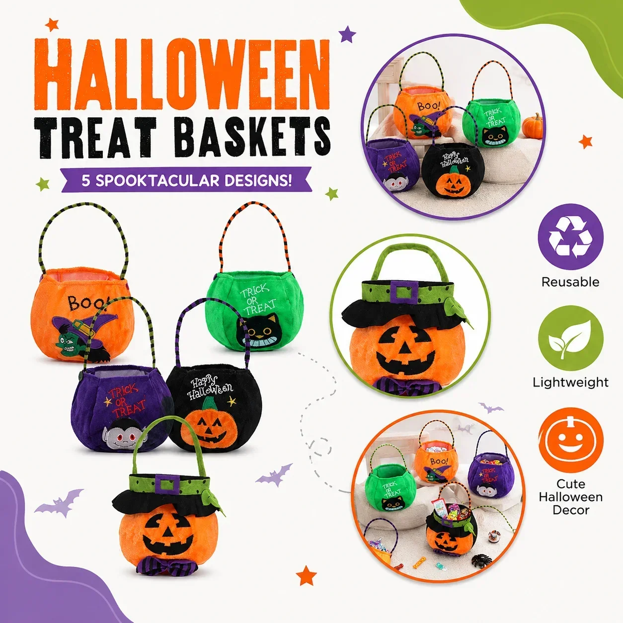 Spooky Holiday Storage Supply 1PC Plush Pumpkin Hand Tote Bag Embroidered Witch Cat Vampire Kids Trick Or Treat Goodie Bucket - view 3