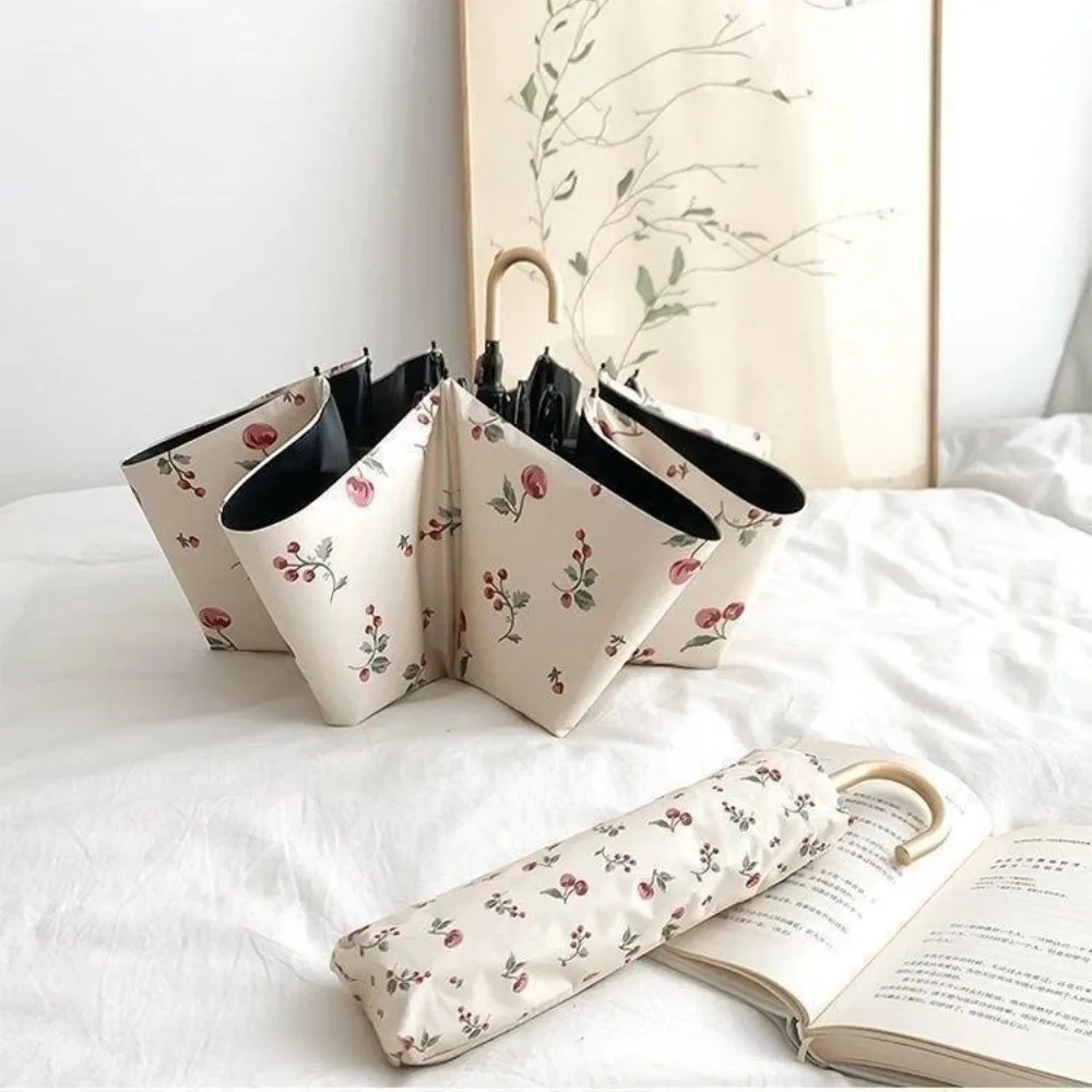 

Ручной зонт в стиле ретро с вишневым узором, легкий зонт от солнца с изогнутым крючком, складной зонт с защитой от ультрафиолета для девочек