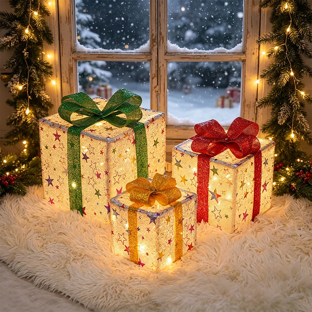 Lighted Christmas Gift Box Decor Set of 3 LED Light Up Present Boxes with Colorful Star Prints Glitter for Home Fireplace Window