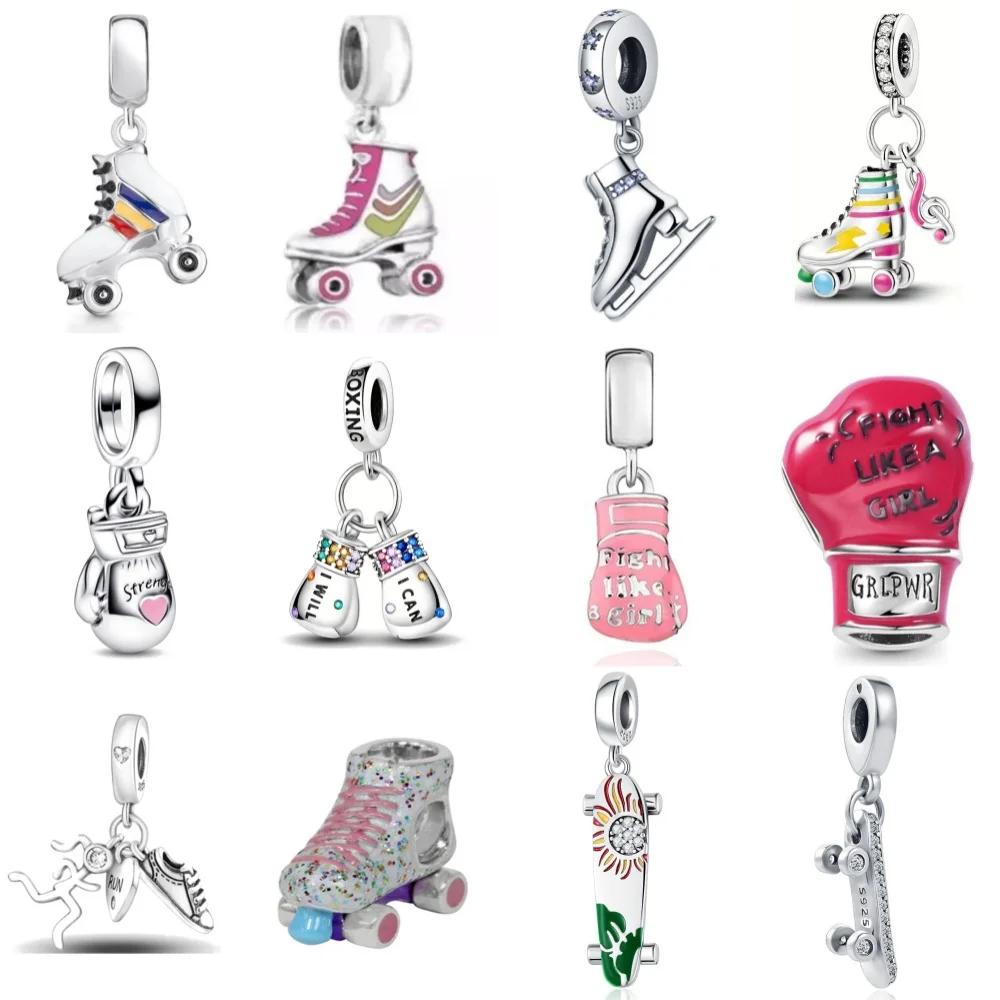 Nueva moda, abalorio de plata 925, guante de boxeo, monopatín, patines, colgante compatible con Pulsera Original, regalo de joyería DIY para hombre y mujer