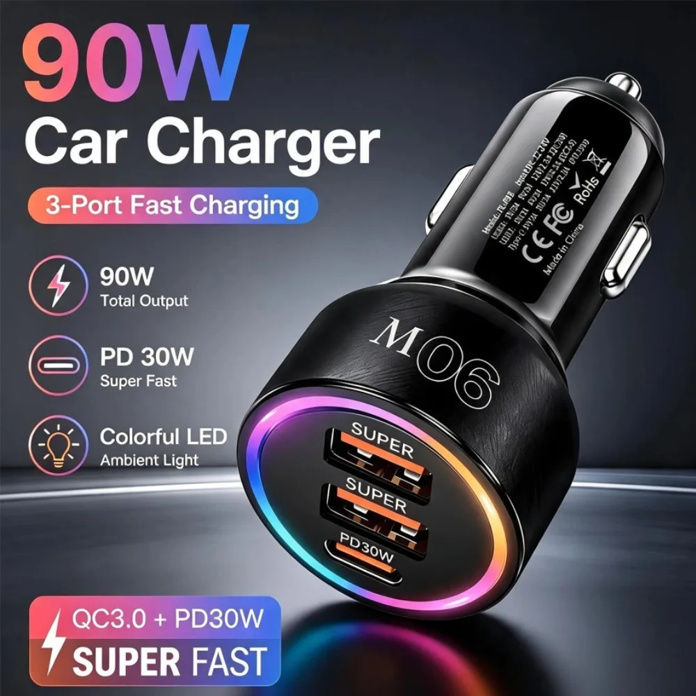 90W Mini Schnell-Autoladegerät PD30W Schnellladung USB Typ-C Auto-Zigarettenanzünder-Adapter Farbiges LED-Licht Telefonladegerät