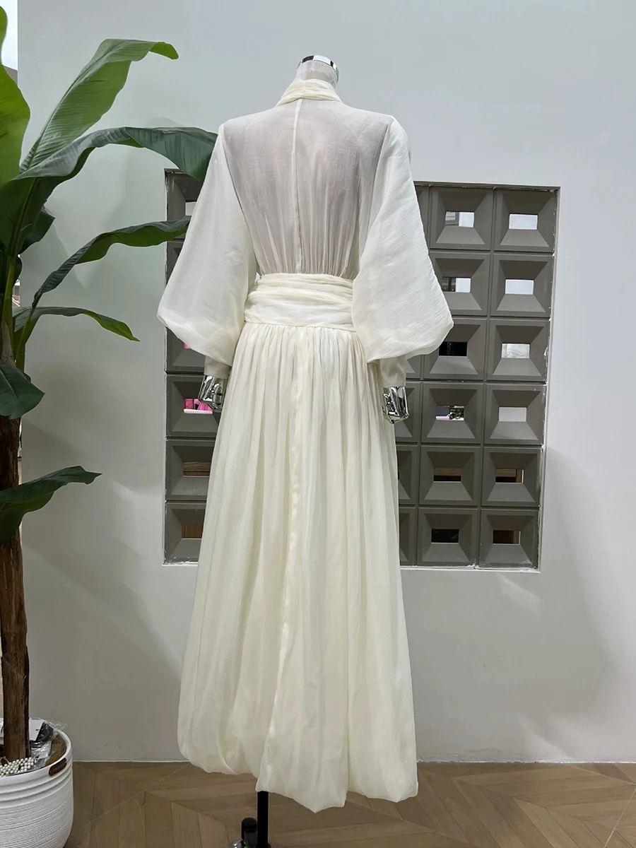 VGH Urlaub Gespleißt Unregelmäßigen Saum Kleider für Frauen V-ausschnitt Laterne Hülse Hohe Taille Transparent Puff Kleid Weibliche Herbst Stil