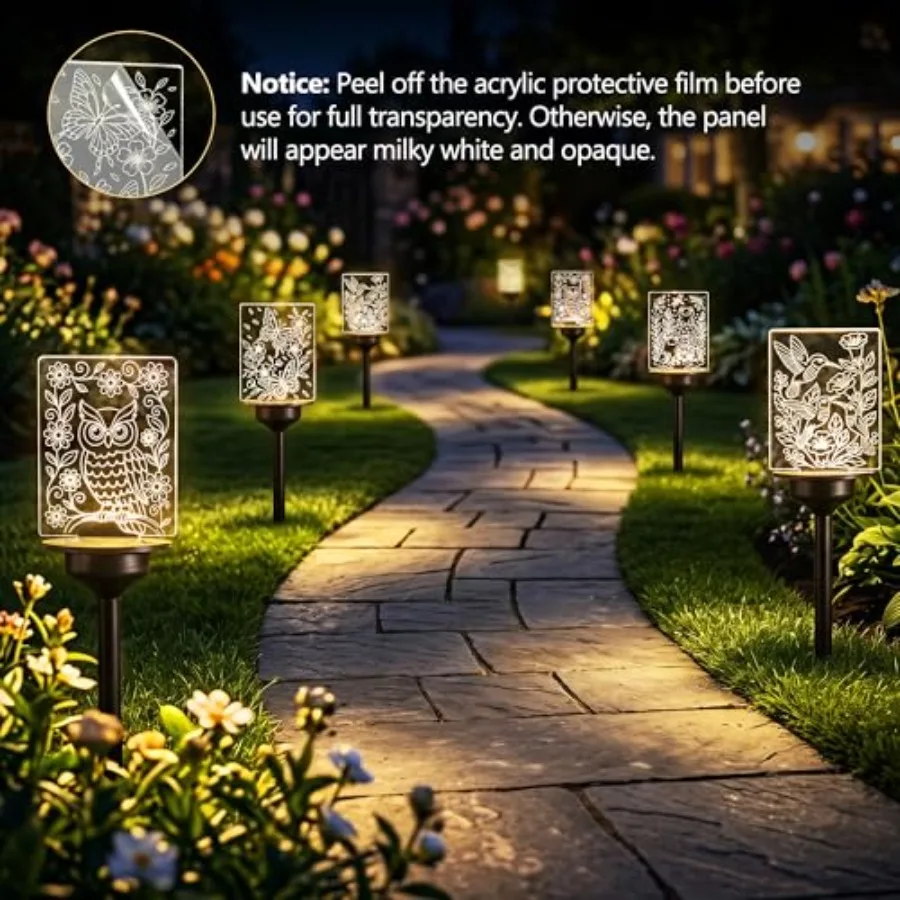 Solar Garden Lights, 4 Pack Solar Pathway Lights with Butterfly Frog Hummingbird Owl Pattern, Outdoor Landscape Lighting, Water