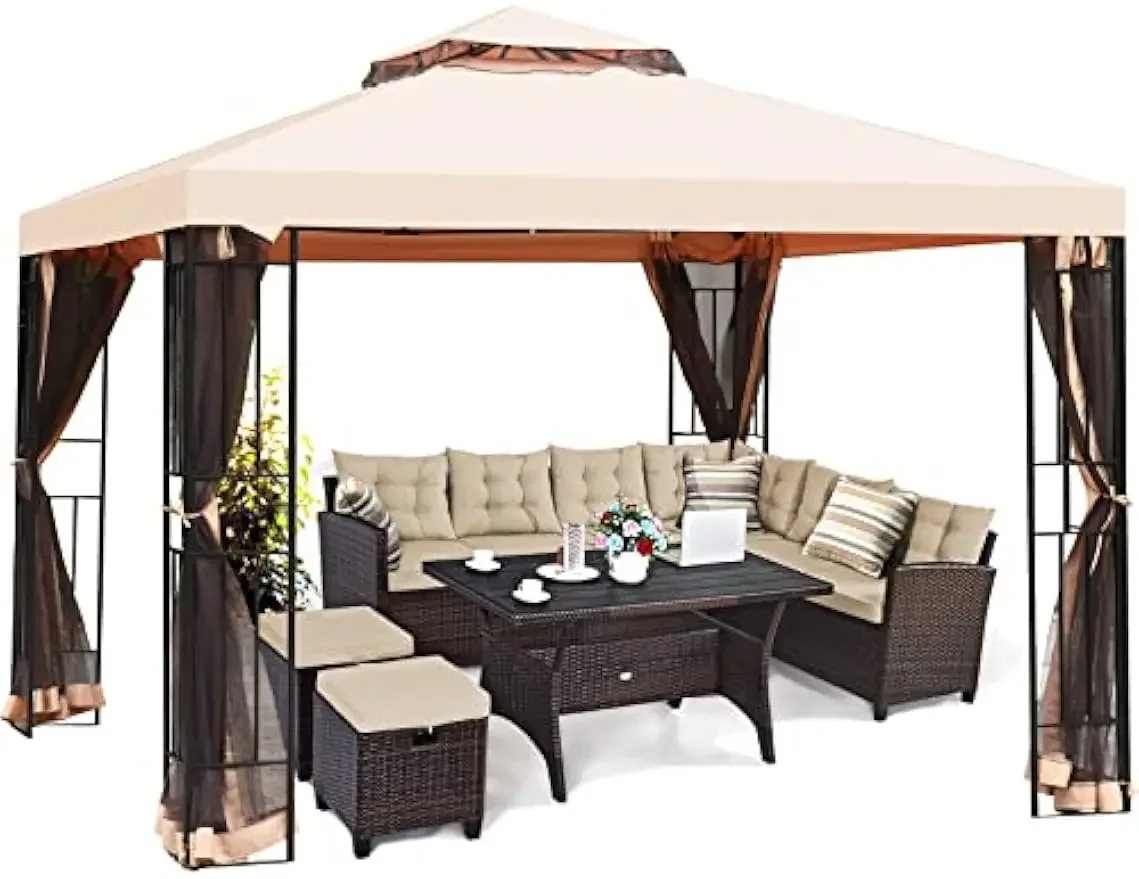 10x10 Feet Patio Gazebo, Outdoor Steel Gazebo with Netting, Double Vented Roof, Outdoor Patio Pavilion Shelter w/ 100 Square