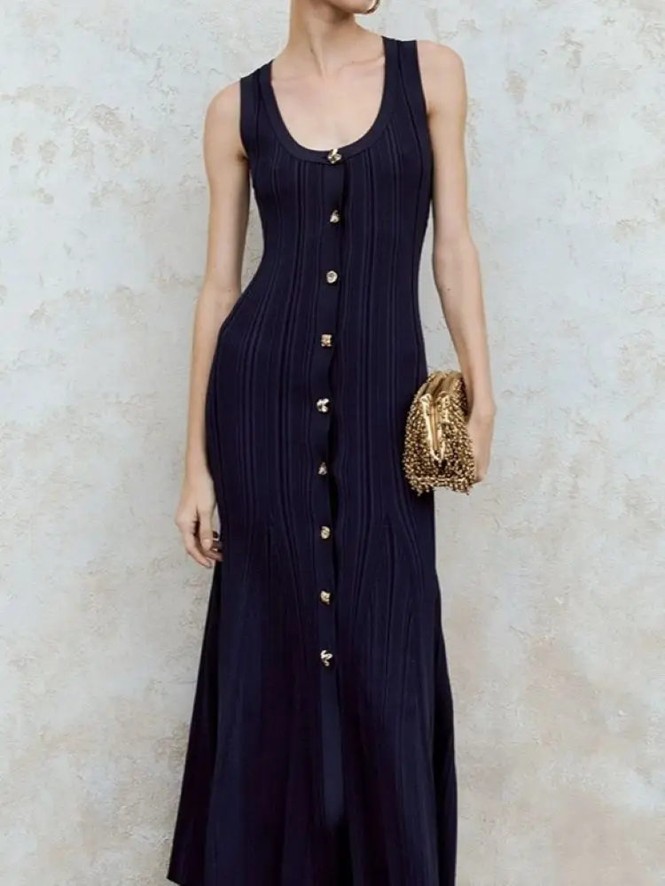 

Women Navy Blue Robe Single Breasted U-Neck Sleeveless Elegant Summer 2024 Knitted Long Dress