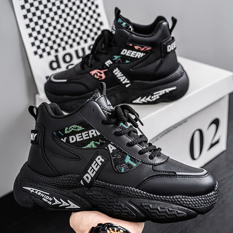 

Men's High Top Sneakers Luxury Designer Men Boots Outdoor Fashion Lace-Up Casual Shoes High Quality Leather Platform Boots Male