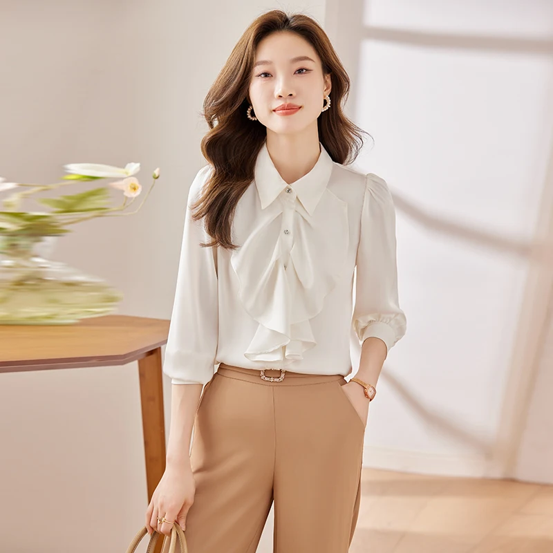 NAVIU Yellow Ruffles Shirt for Women Formal Long Sleeve Blouses Office Lady Work Tops Elegant Temperament White New