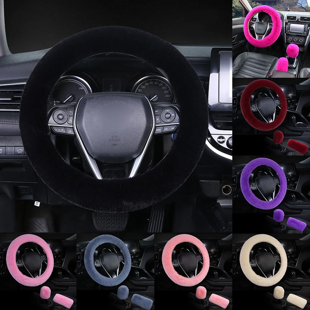Rutschfeste Automäntel Lenkrad Schalthebel Handbremse Plüschbezug 3-teiliges Set Langlebige Frostschutz Autoabdeckung für Auto SUV – Detail 4