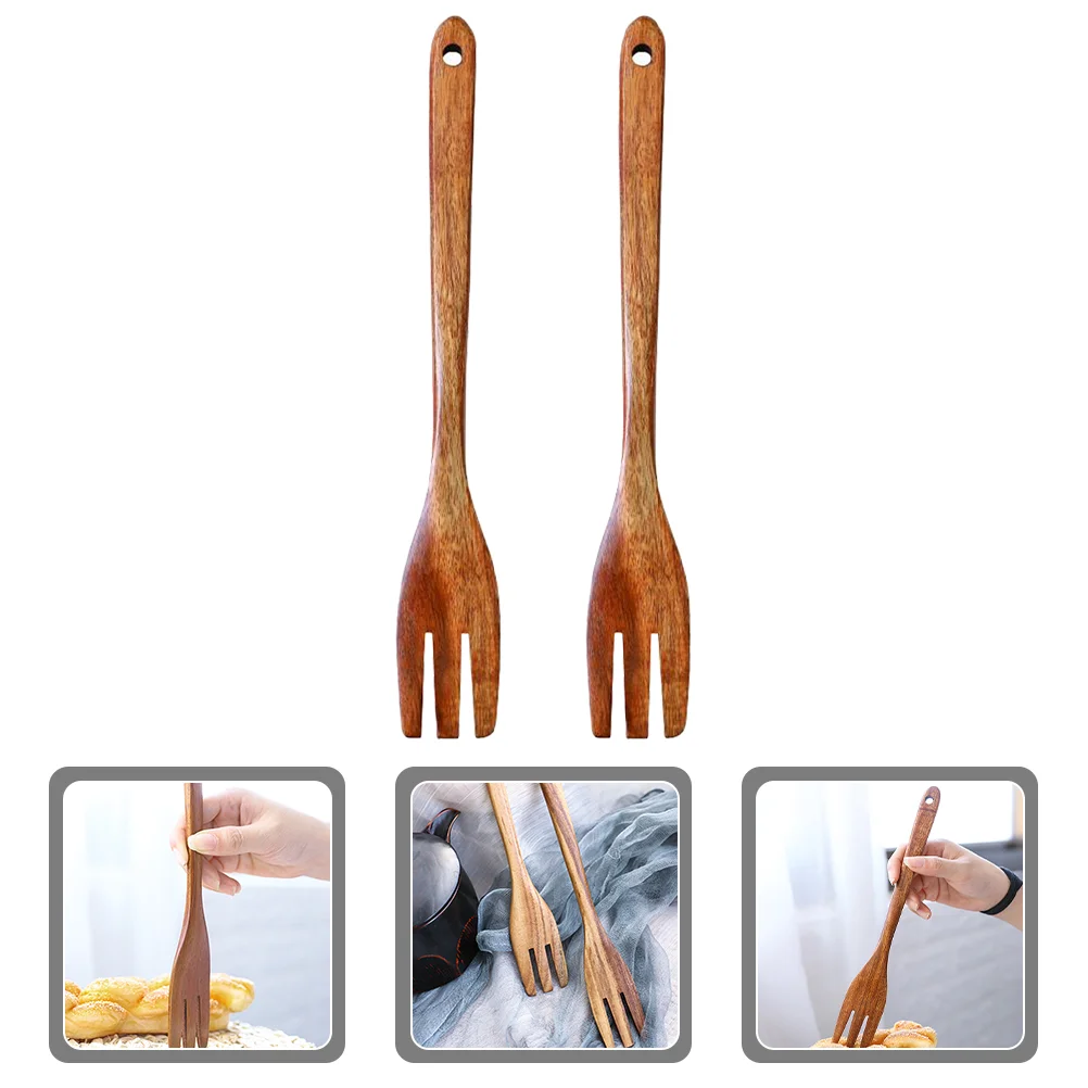 Wooden Mixing Forks Large Japanese Wood Salad Dinner Forks Long Handle Reusable Flatware Cooking Stirring Eating Pasta Fruit