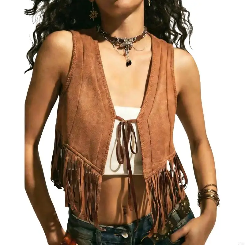 

77HE Женский жилет без рукавов из искусственной замши с бахромой и кисточками в стиле хиппи 70-х годов, укороченная куртка, топ