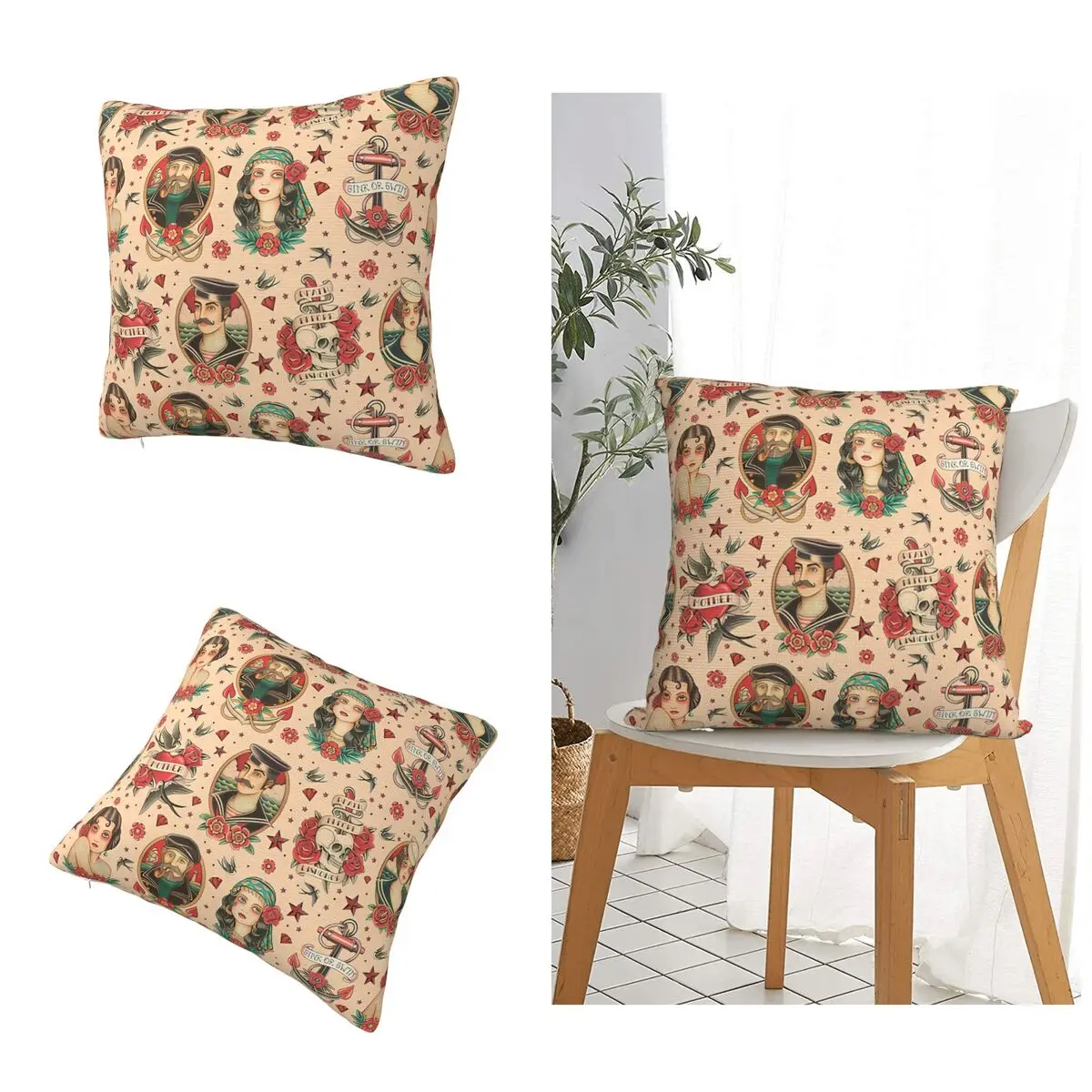 Old School Tattoo Square Pillowcase, Cushion Cover, Creative Zipper, Home Decorative Throw Pillow Case, 40X40