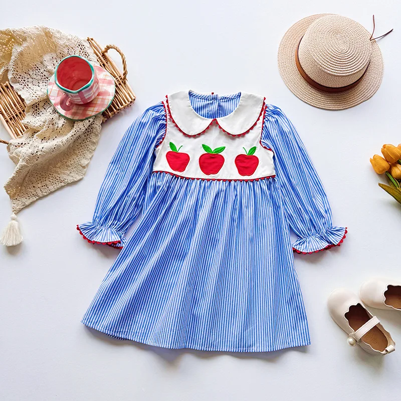 Apple Embroidered Contrast Color Girls Dress Cute Baby Skirt with Ruffle Collar Spring 2026 Fashionable Kids Clothing