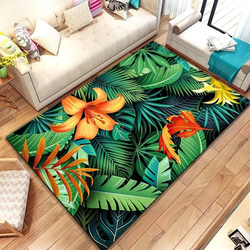 Tropical Leaf Pattern Carpet for Living Room Bedroom Plant Decor Floor Mat Non-Slip Kitchen Doormats Home Office Entry Foot Rug