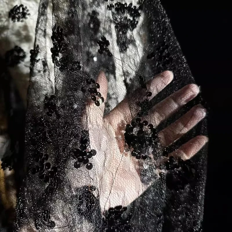 Tessuto di maglia con paillettes ricamate a fiori in pizzo Prospettiva Abito da sposa Cheongsam nero Abbigliamento Designer Tessuto di moda