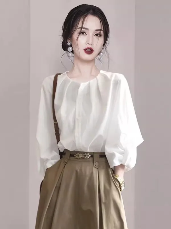 Elegant White Shirt Women's Fashion Spring Autumn 2026 New Summer High End Best Selling Top Sleeve Seven Split Shirt