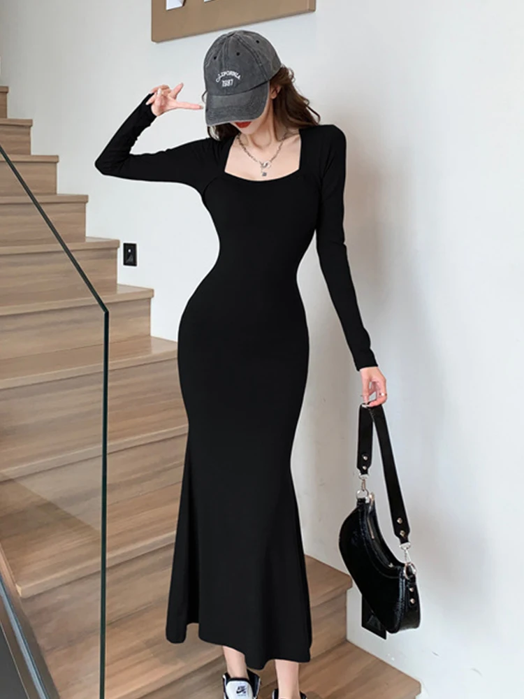 Abiti da strada da donna Casual Semplice Solido Collo quadrato Skinny Fishtail Abito lungo Elegante Lady Fashion Abiti Robe Primavera Autunno