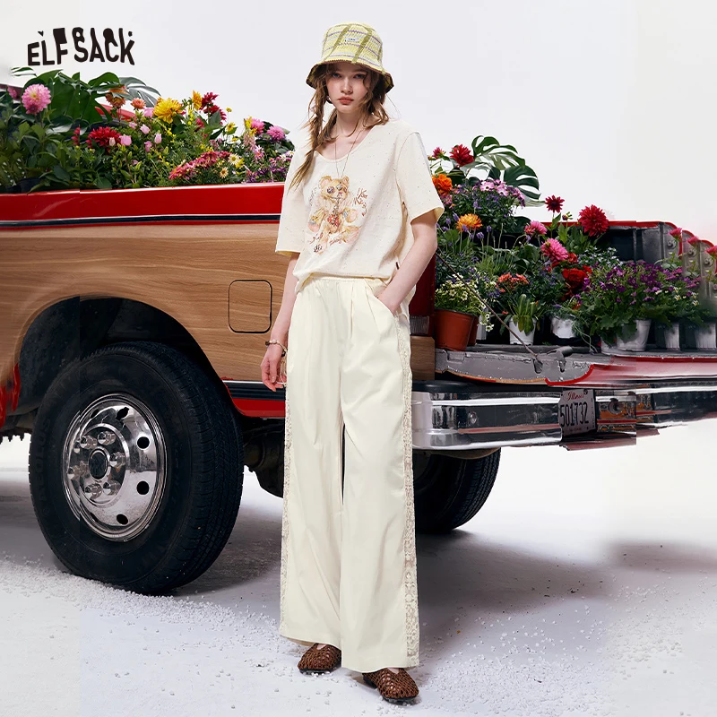 ELFSACK Lace Trim Wide Leg Elastic Waist Pants, Lightweight Casual Trousers, Romantic Versatile Daily Wear for Women