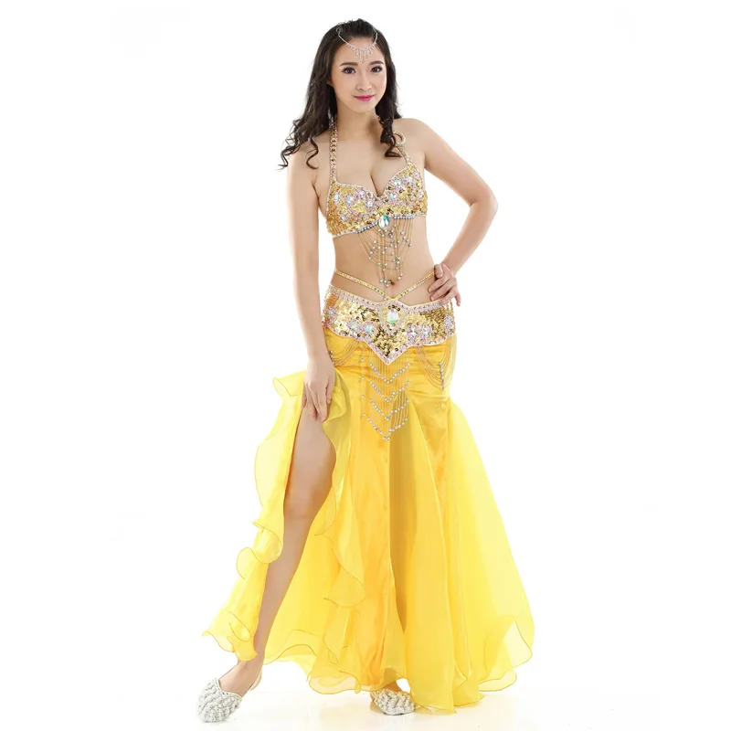 Women Sexy Belly Dance Top Beaded Belt & Skirt 3 Pieces Belly Dance Costume Outfit Set Bra & Belt Female Bollywood Dance Clothe