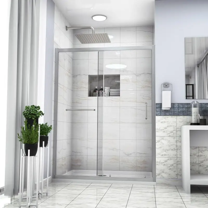 

48" W x 72" H Single Sliding Bypass Shower Enclosure, 1/4" (6mm) Glass, Brushed Nickel Finish, Modern Design for Bathrooms